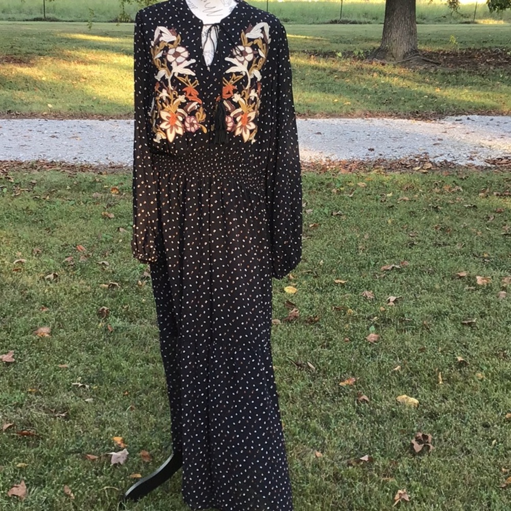 Rustydusty Boho Vintage Floral Embroidered Black Polka Dot Maxi Dress 2XL
